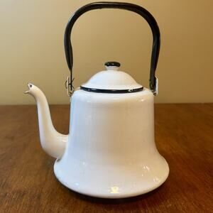 Vintage AIDA Denmark White Enamel Teapot Black Trim Bail Handle Scandinavian.